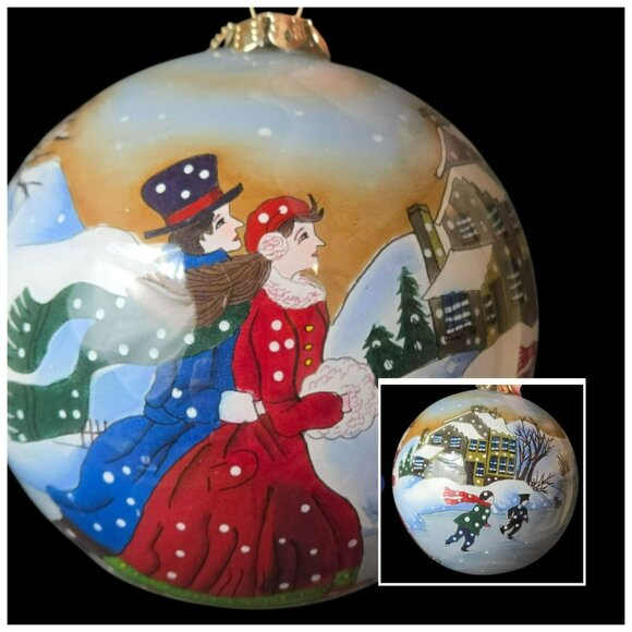 Inside Painted Glass Christmas Ornament Winter Village Scene Skaters Signed 3" - Picture 1 of 9